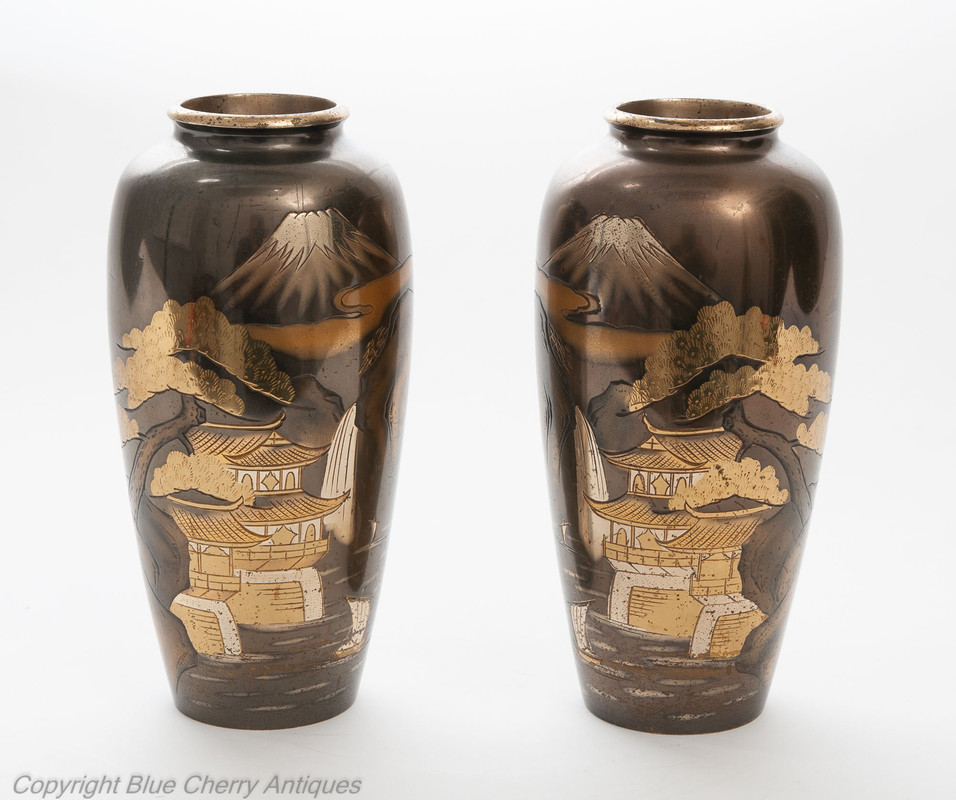 Pair Antique Meiji Japanese Bronze Mixed Metal Damascene Vases