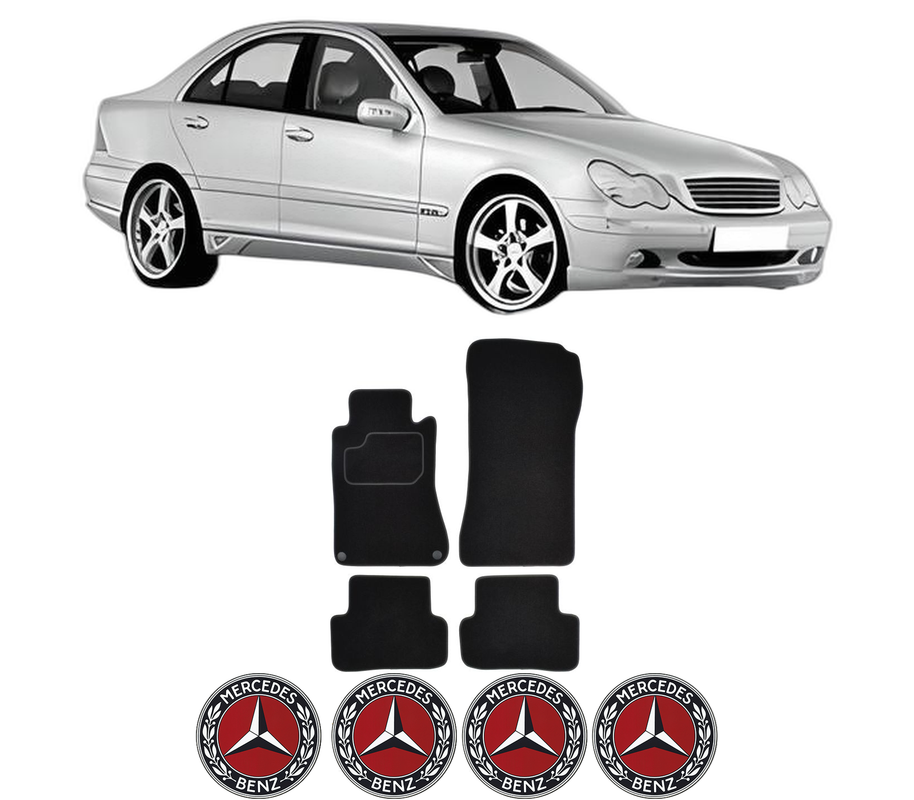 Set Covorase Presuri MERCEDES-BENZ C-CLASS (W203) din 2000-2007, Auto, Material Textil Mocheta, 4 Stickere auto cu MERCEDES-BENZ