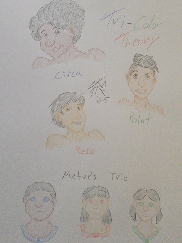 colored pencil portraits of the Trio, before and after reunification with Metre: Circa, a round-faced black woman with a large afro, Reco, a square-jawed trans asian man with short neat hair, and Point, a sharp-chinned hispanic individual a messy mohawk. At the bottom of the page they are depicted in a row with Metre's preferred hairstyles and blank expressions.