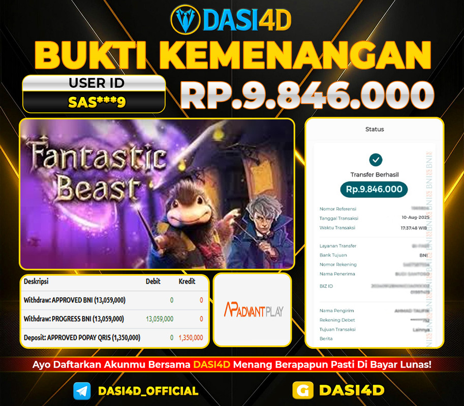 BUKTI KEMENANGAN 10 AGUSTUS 2025 DI FANTASTIC BEAST WD 9.846.000