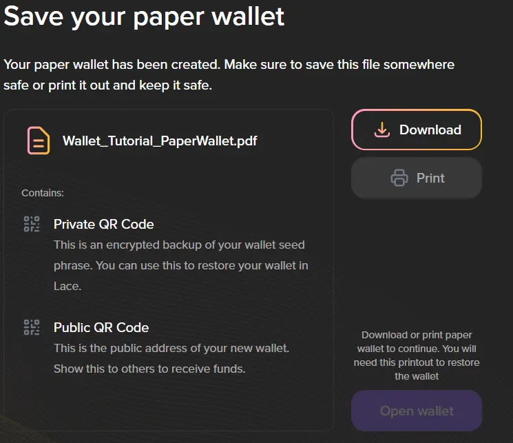 Cómo crear una Billetera de Papel (Paper Wallet) con Lace Cardano 6