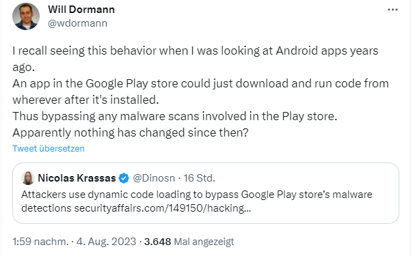 Dynamic Code Loading bypass malware detection in Google Play Store