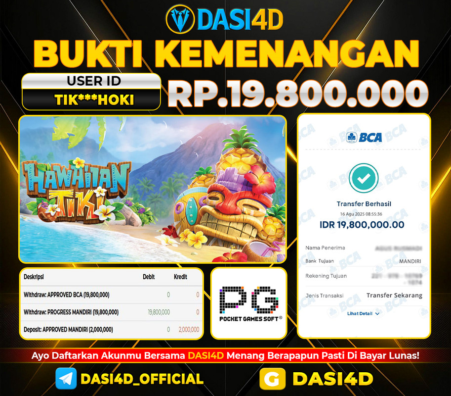 BUKTI KEMENANGAN 16 AGUSTUS 2025 DI HAWAIIAN TIKI WD 19.800.000