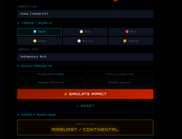 Astrophyzix Impact Engine Interface Screenshot