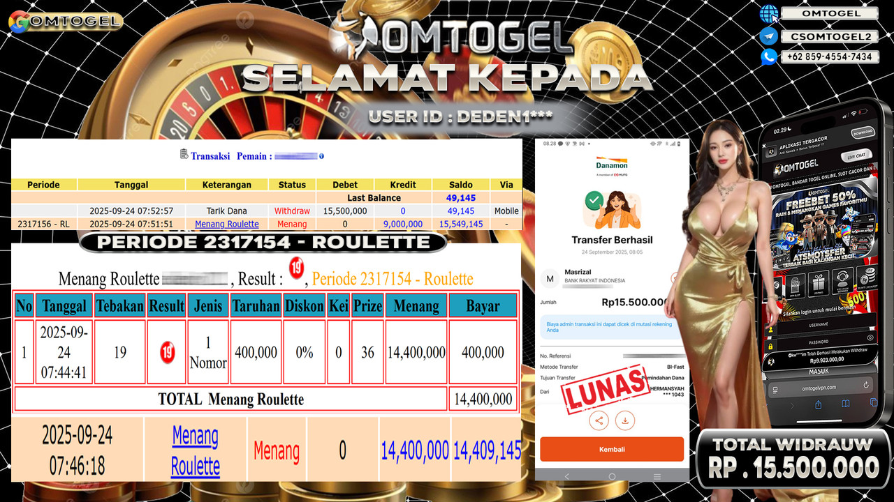 OMTOGEL JACKPOT LIVE GAMES ROULETTE 15 JUTA DI BAYAR LUNAS ,-
