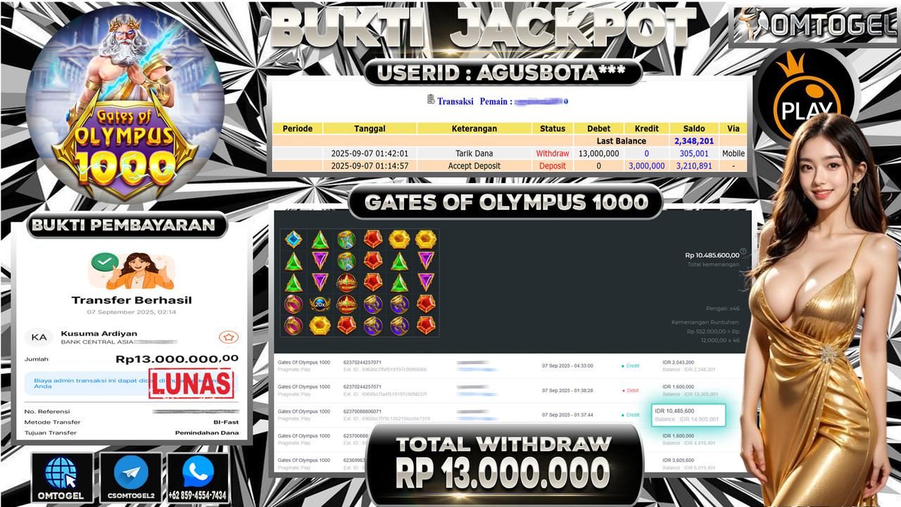 OMTOGEL JACKPOT PRAGMATIC PLAY GATES OF OLYMPUS 1000 13 JUTA DI BAYAR LUNAS ,-
