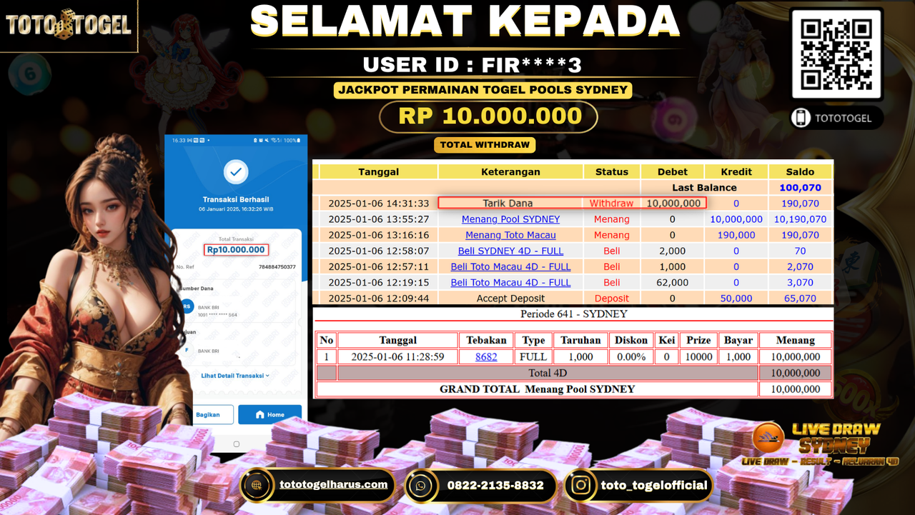 Bukti Pembayaran Jackpot  Permainan Togel Pools Sydney : FIR****3 LUNAS