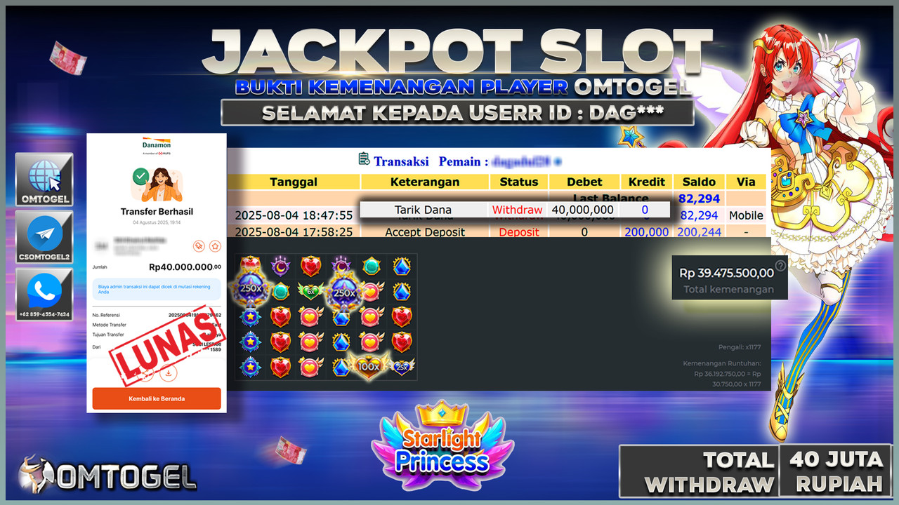 OMTOGEL JACKPOT PRAGMATIC PLAY STARLIGHT PRINCESS 1000 40 JUTA DIBAYAR LUNAS,-