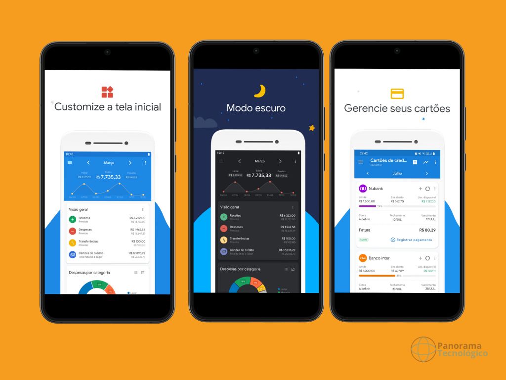 Três smartphones alternando entre telas do aplicativo Minhas Finanças para Android. A imagem é de uma postagem do blog Panorama Tecnológico sobre 3 aplicativos para uma gestão financeira eficiente.