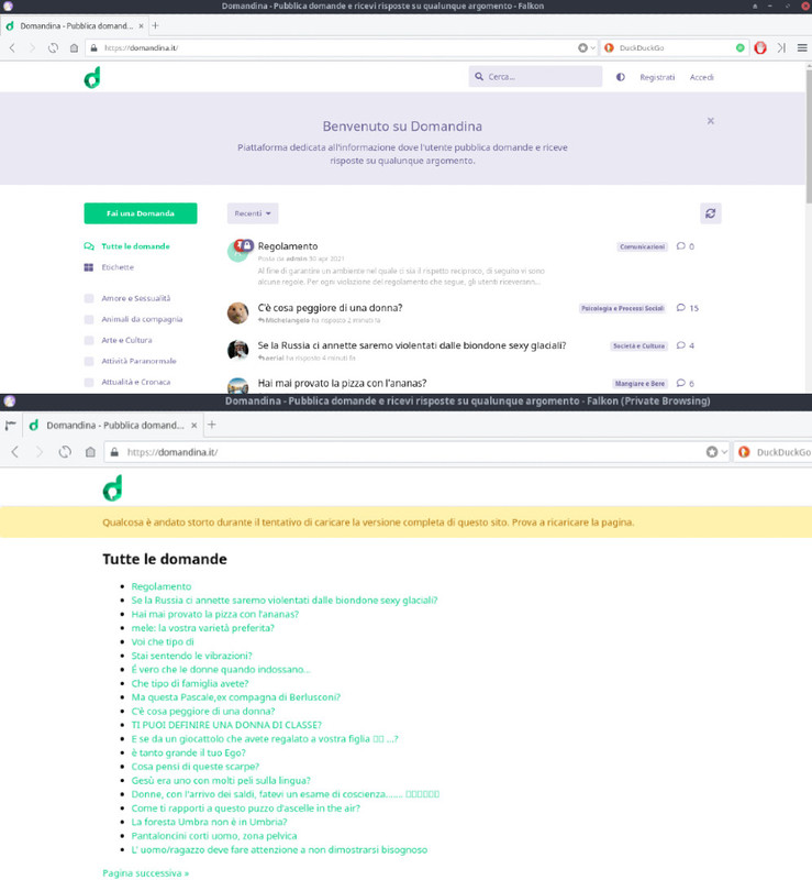 Falkon browser KDE - sito domandina.it modalità normale e incognito bug