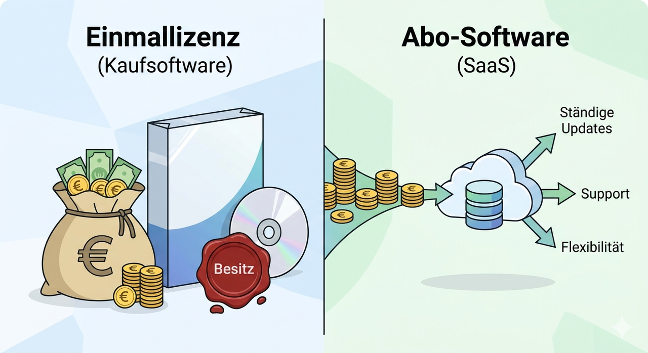 Minimalistische vectorillustratie: eenmalige licentiesoftware (zak euro's, zegel 'eigendom') versus abonnementssoftwarevoordelen (cloud, pijlenupdates en flexibiliteit)