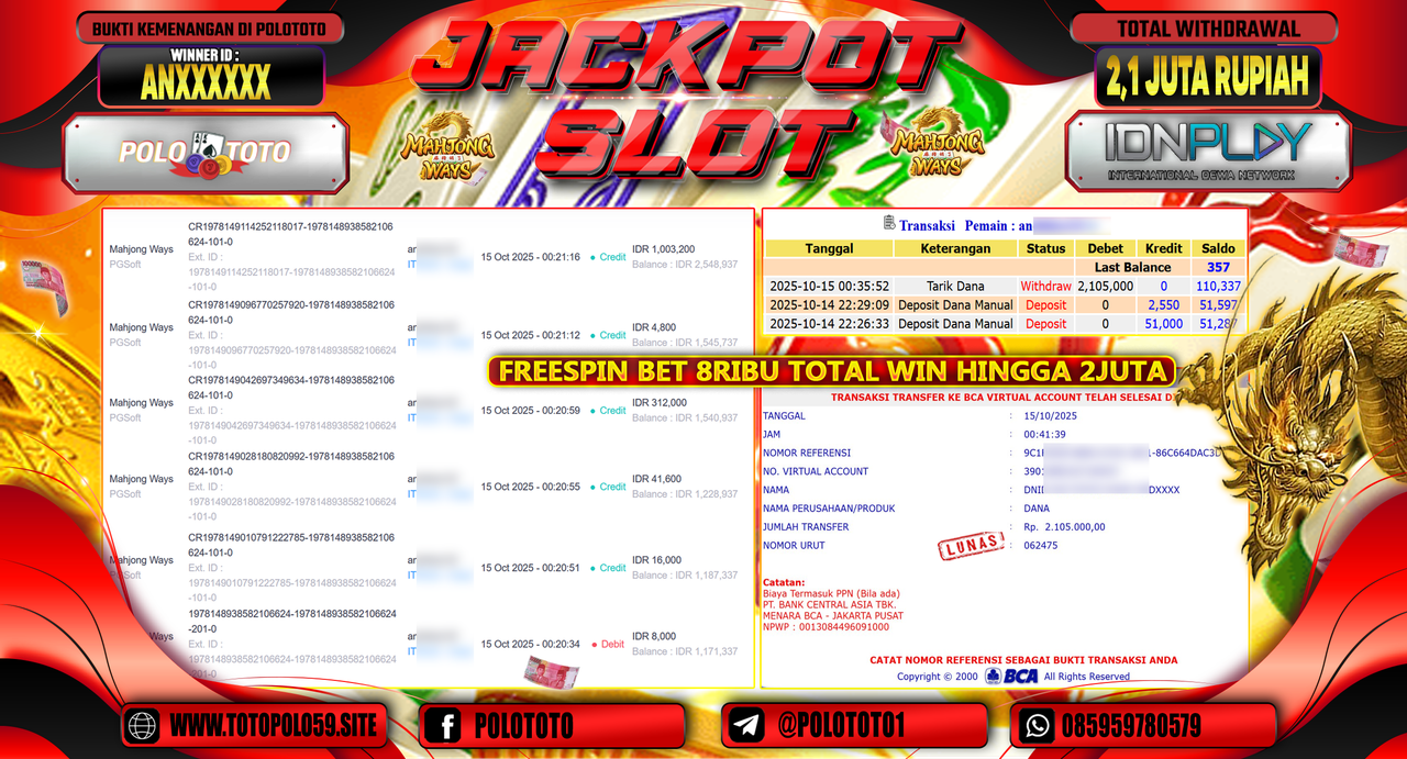 POLOTOTO JACKPOT SLOT MAHJONG WAYS Rp.2.100.000,- LUNAS