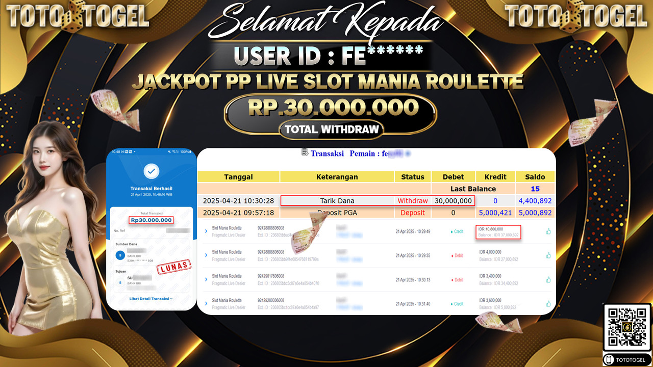 Bukti Pembayaran Jackpot  Permainan Pp Live Slot Mania Roulette ID:FE***** LUNAS