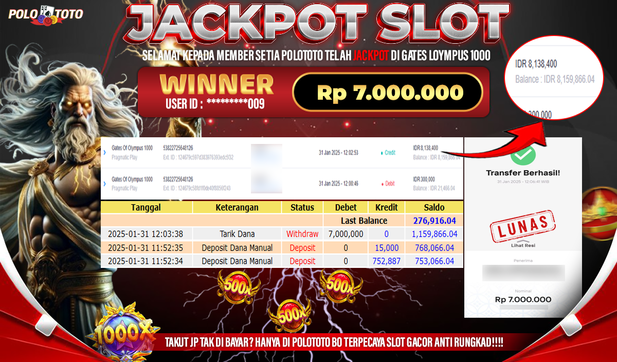 POLOTOTO JACKPOT SLOT GATES OF OLYMPUS 1000 Rp.7,000.000,-
