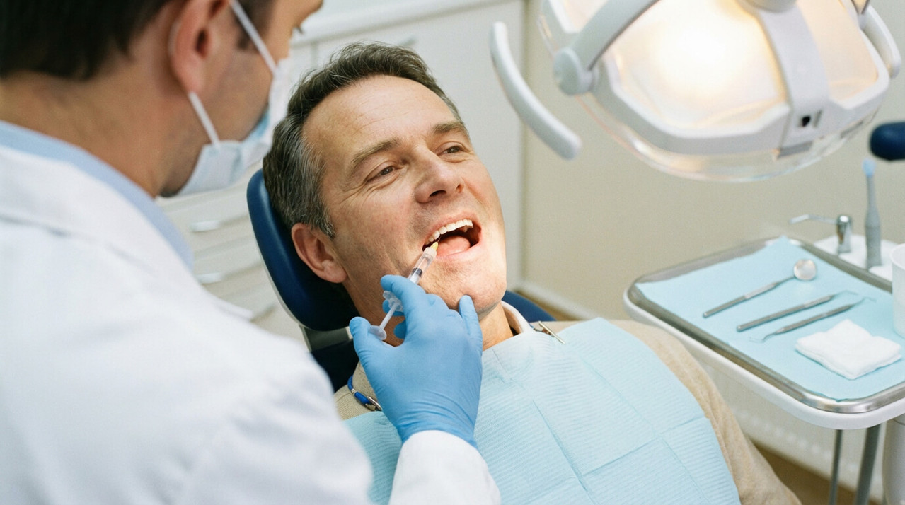 Стоматолог проводит инъекцию локальной анестезии перед удалением зуба