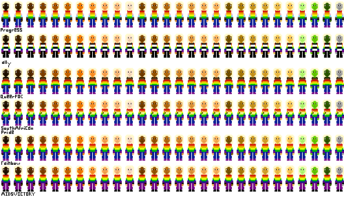 a row of people with pride flag shirts and very light blond hair