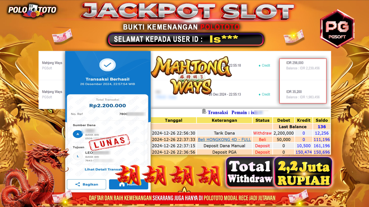POLOTOTO JACKPOT SLOT MAHJONG WAYS Rp.2,200.000,-