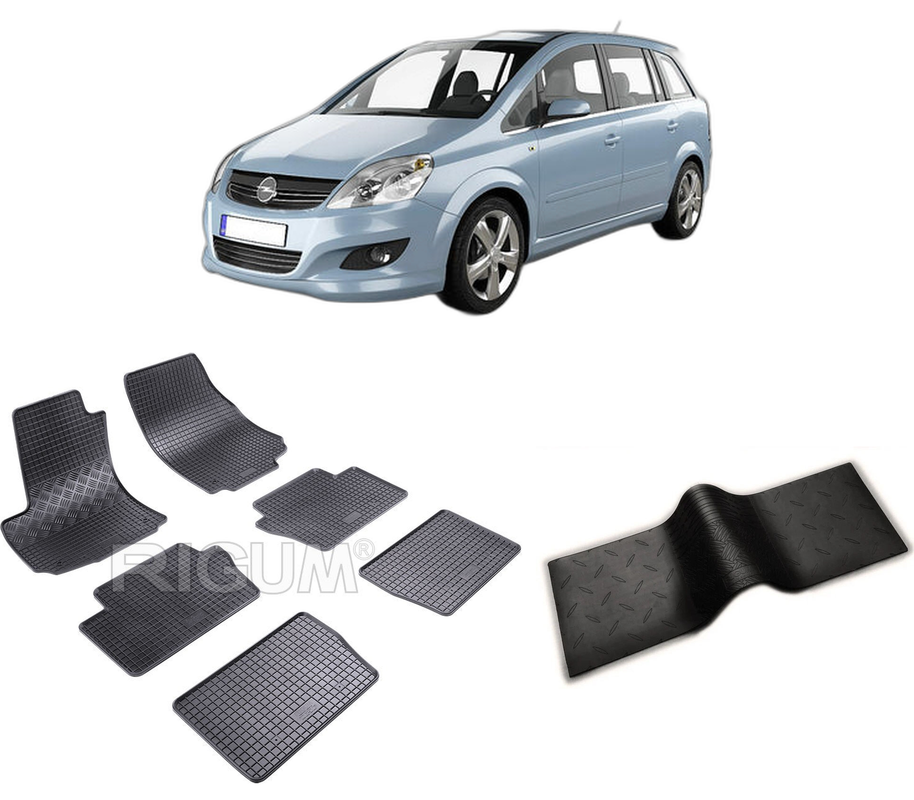 Set covorase auto OPEL ZAFIRA B din 05.2005-2014, cu covoras tunel median, CAROSERIE VAN 7 LOCURI, Presuri cauciuc 100%, compatibil cu autoturismul OPEL ZAFIRA B, Rigum