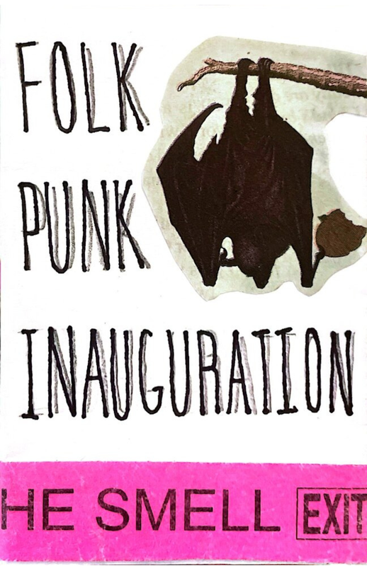 The cover page of this eight-page mini zine has a little cut out bat drawing from the Trader Joe's newsletters in the top/middle right area and an entry band for a show at a venue called The Smell along the bottom of it. To the left of the bat are the words 'FOLK PUNK' and between that and the entry band is the word 'INAUGURATION'. Thus, the name of this zine: Folk Punk Inauguration.