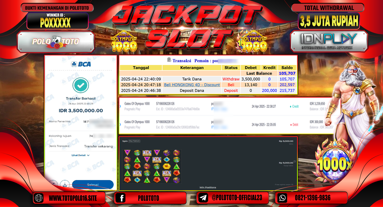 POLOTOTO JACKPOT SLOT GATES OF OLYMPUS 1000 Rp.3.500.000,-