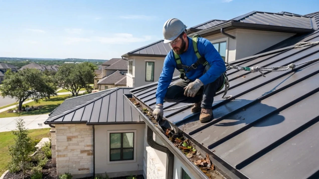 Metal roof gutter cleaning maintenance San Antonio TX eave water management