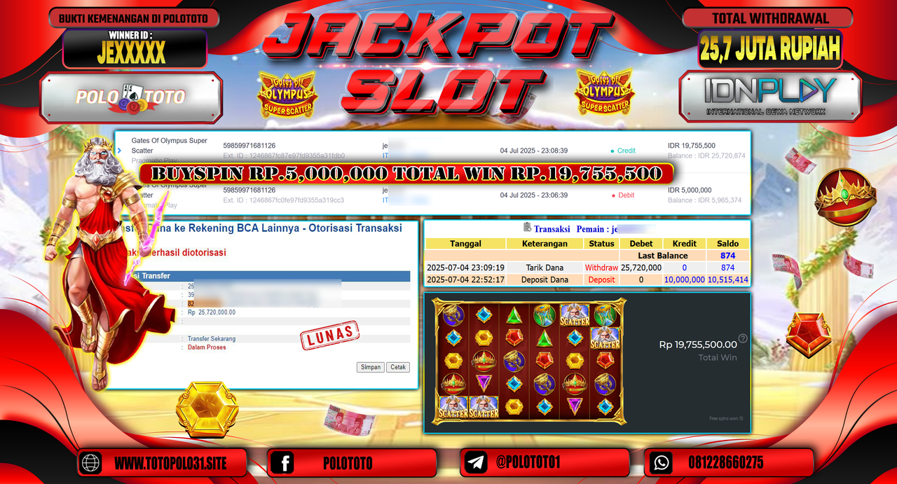 POLOTOTO JACKPOT SLOT GATES OF OLYMPUS SUPER SCATTER Rp.25.720.000,-