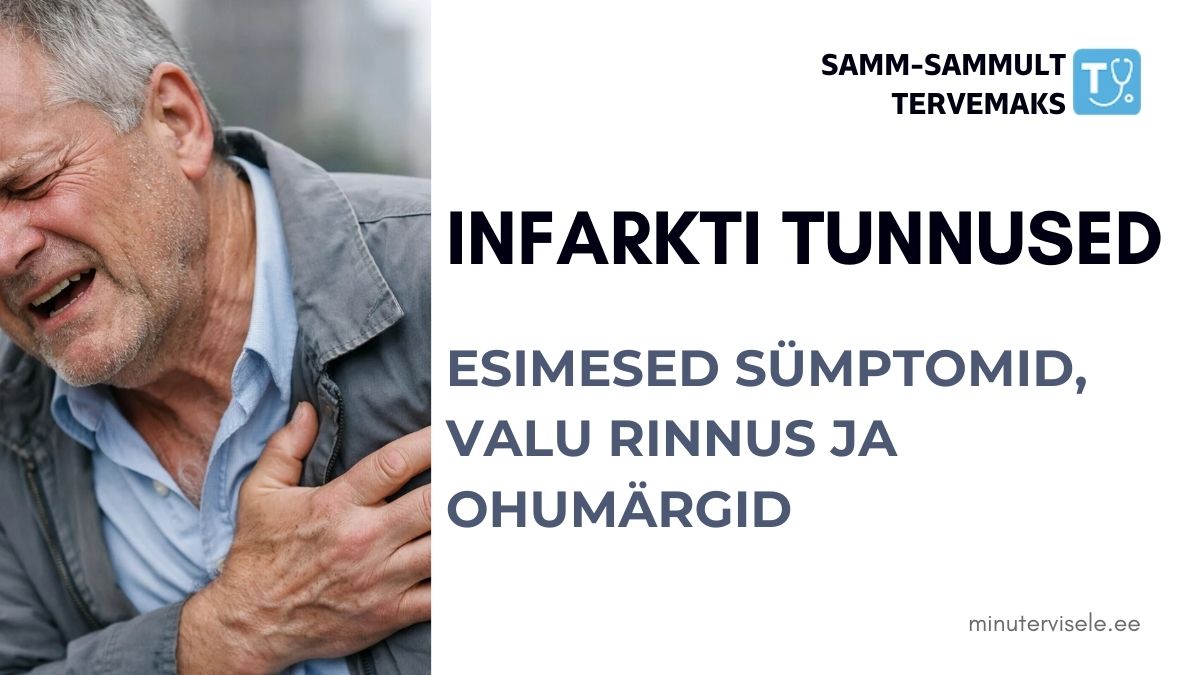 Infarkti tunnused – rindkerevalu, õhupuudus, iiveldus ja valu kiirgumine kätte või lõuga samm-sammult selgitatud terviseinfograafikul