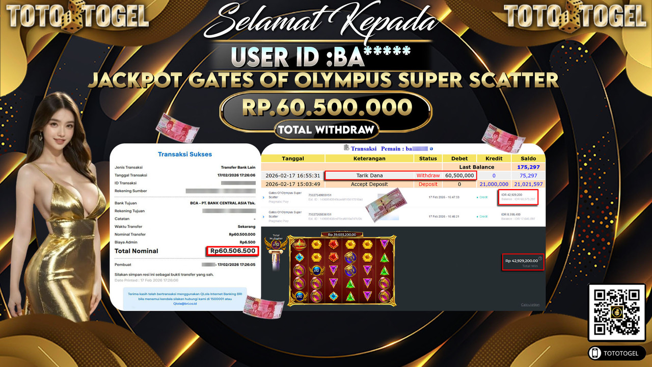 Bukti Pembayaran Jackpot Permainan Slot Gates Of Olympus Super Scatter ID:BA*****LUNAS