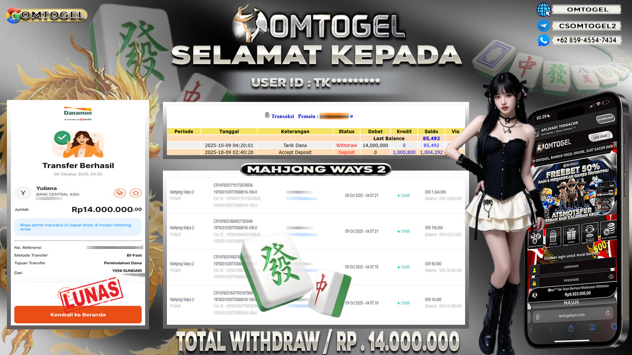 OMTOGEL JACKPOT PGSOFT MAHJONG WAYS 2 14 JUTA DI BAYAR LUNAS ,-