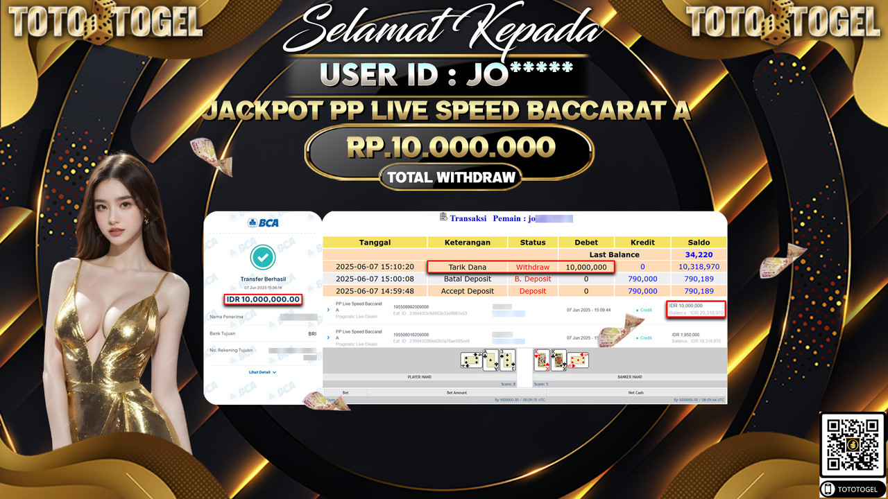 Bukti Pembayaran Jackpot Permainan Live Game PP Live Speed Baccarat A ID:JO***** LUNAS