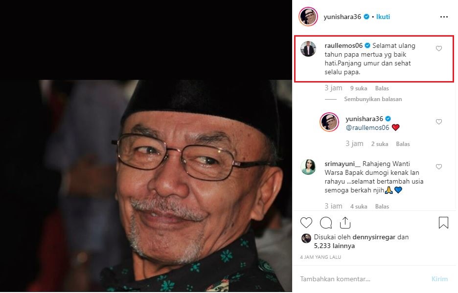 Komentar Raul Lemos pada unggahan instagram Yuni Shara