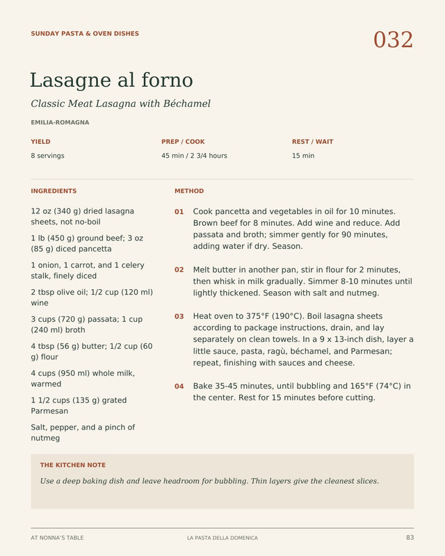 Actual lasagna recipe page with ingredients, numbered method, and kitchen note