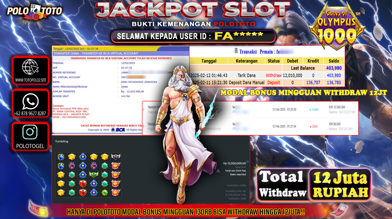 POLOTOTO JACKPOT SLOT GATES OF OLYMPUS 1000 Rp.12.010.000,-