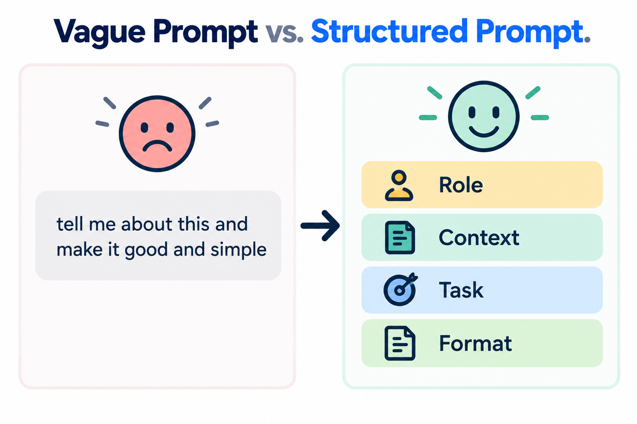 Comparison of a vague prompt versus a structured prompt
