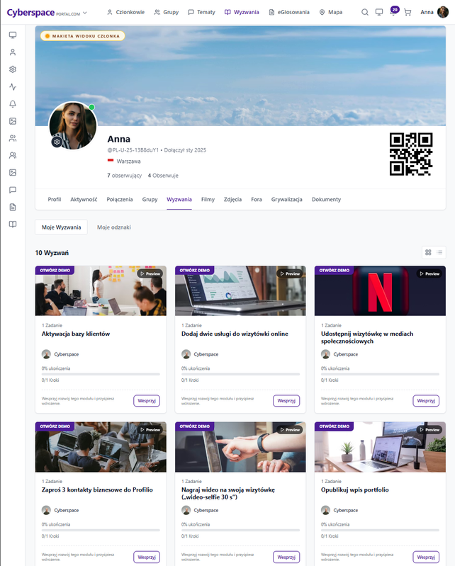 Podgląd interfejsu zakładki Wyzwania w profilu użytkownika