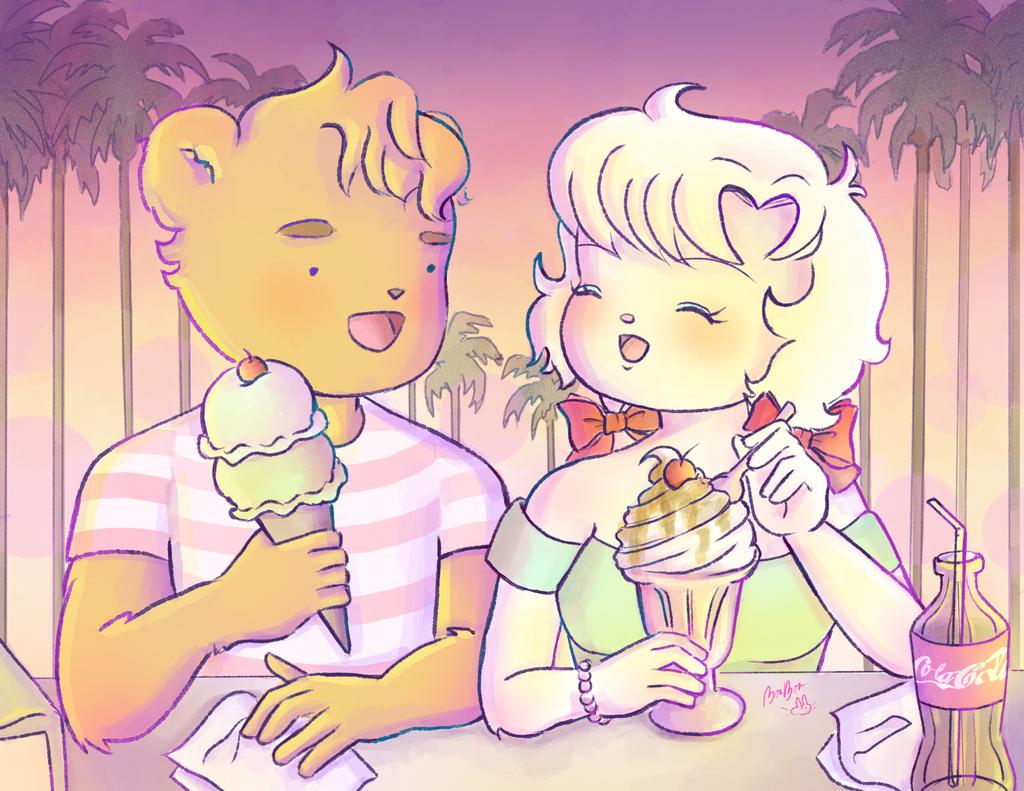 couple having ice cream city pop romance retro anime