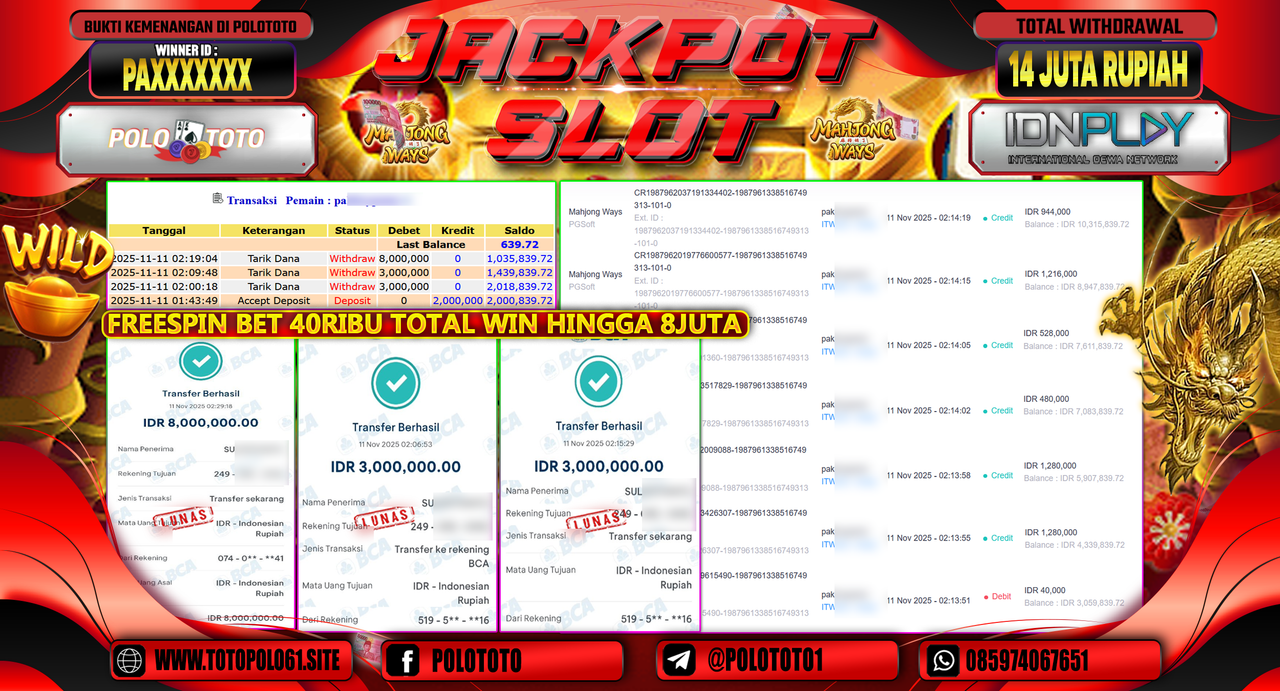 POLOTOTO JACKPOT SLOT MAHJONG WAYS Rp.14.000.000,- LUNAS