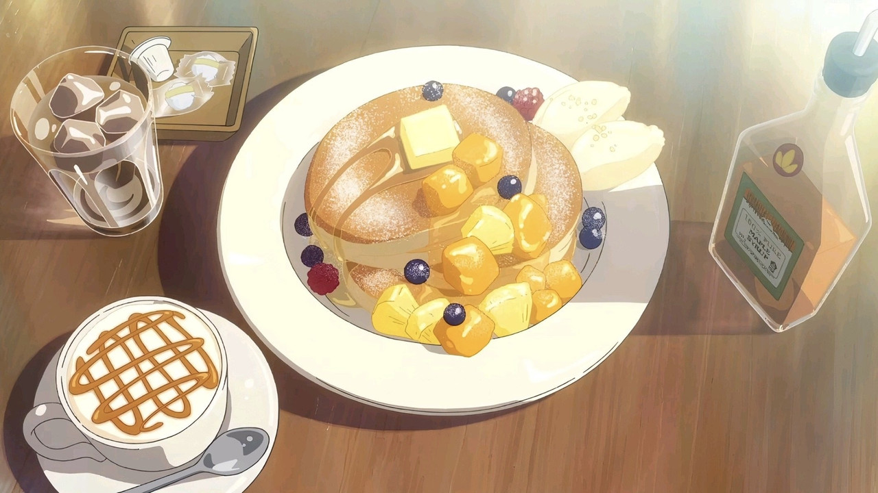 fluffy pancakes with fruits, butter and syrup. Plus a side coffee.