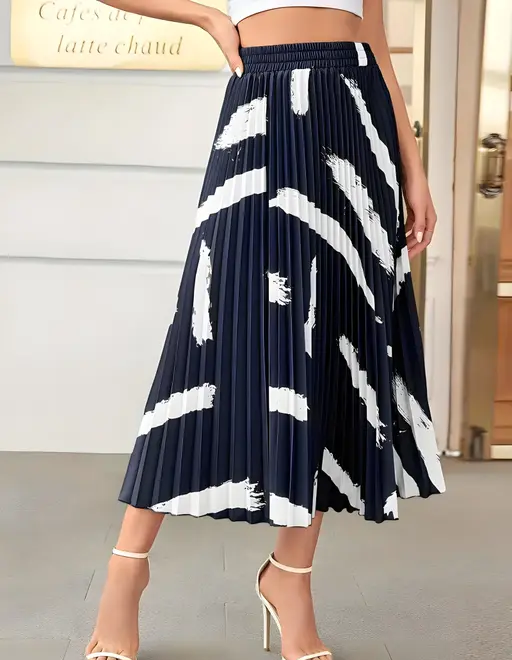 Skirt For Women | Brush Print Pleated Skirts, Vintage Elastic Waist Midi Skirts, Women's Clothing(Premium Quality) Color4 (R230)