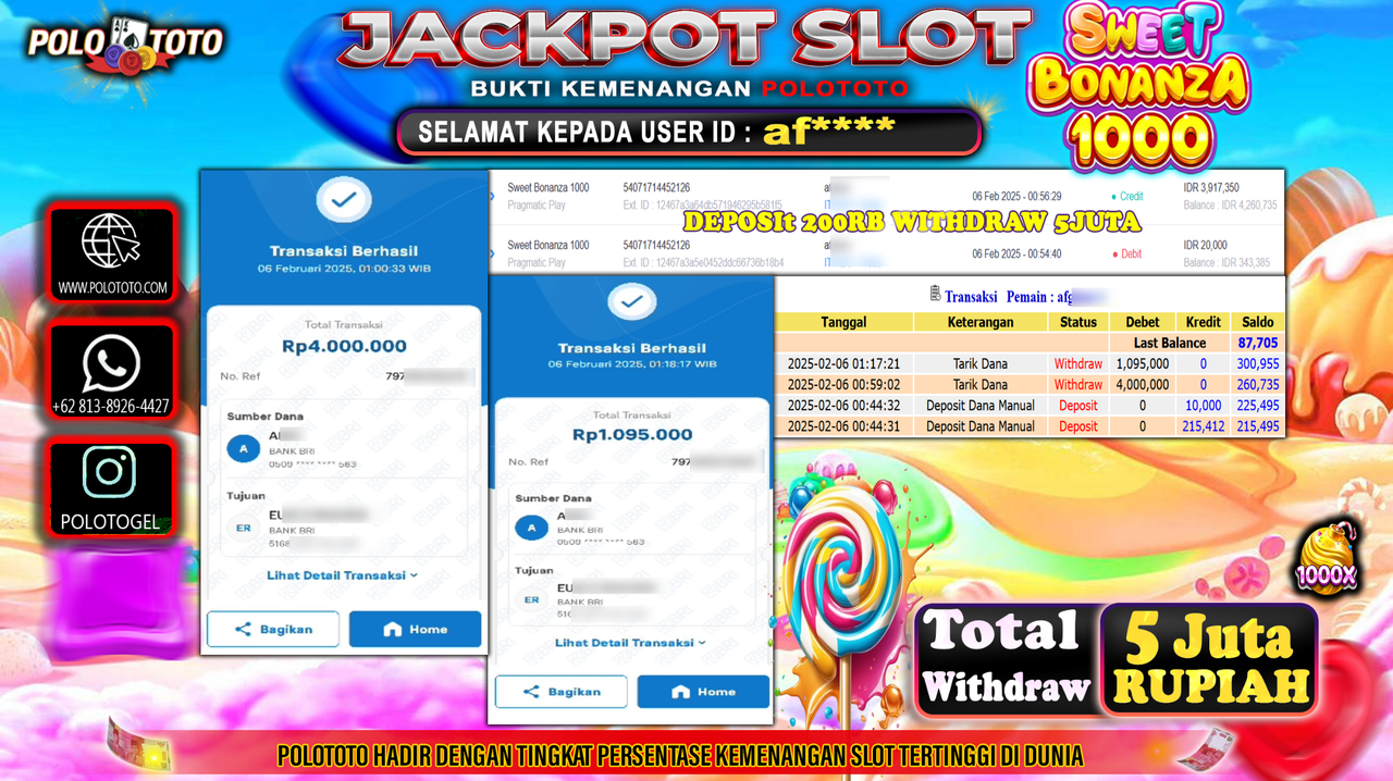 POLOTOTO JACKPOT SLOT SWEET BONANZA 1000 Rp.5,095.000,-