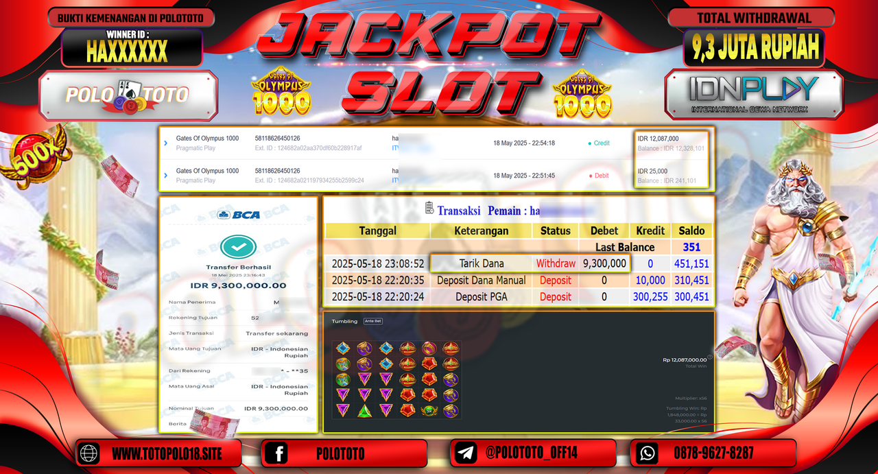 POLOTOTO JACKPOT SLOT GATES OF OLYMPUS 1000 Rp.9.300.000,-