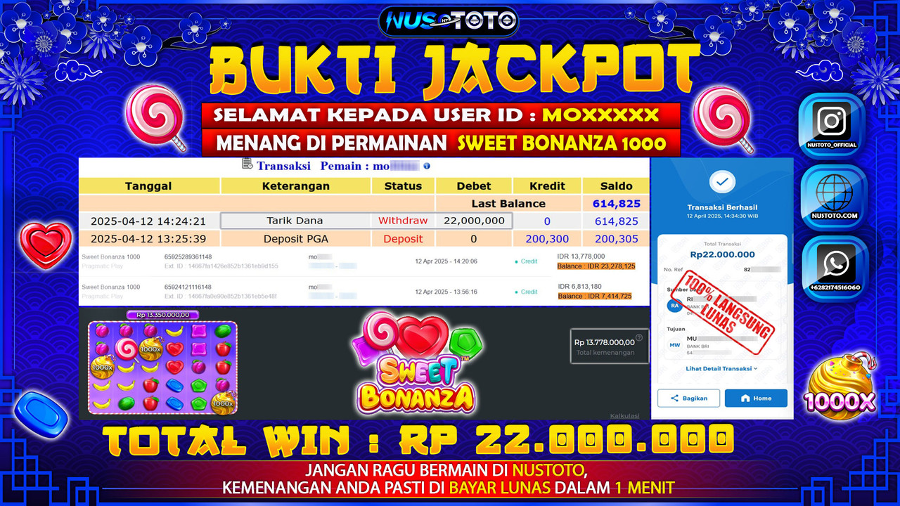 JACKPOT !! MENANG BESAR DI SLOT SWEET BONANZA 1000 Rp. 22.000.000 LANGSUNG DI BAYAR LUNAS NUSTOTO !!