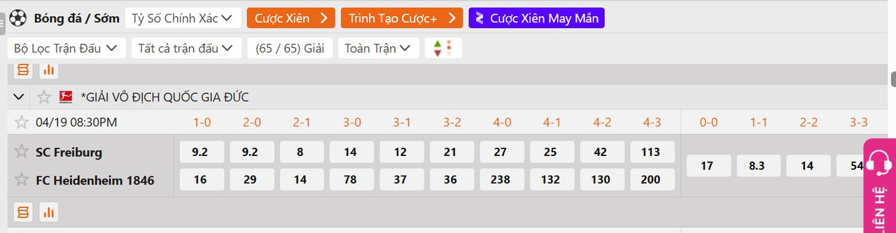 Tỷ lệ tỷ số chính xác Freiburg vs Heidenheim