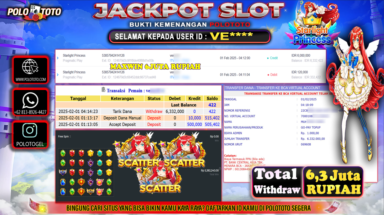 POLOTOTO JACKPOT SLOT STARLIGHT PRINCESS Rp.6,332.000,- 
