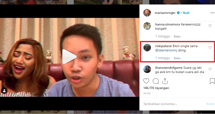Komentar warganet yang meminta Maria Simorangkir berduet dengan Marion Jola (tangkap layar instagram @mariasmrngkr)