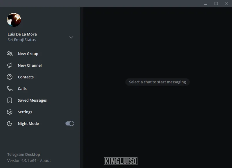 Pantalla de inicio de Telegram Desktop con el tema oscuro activado