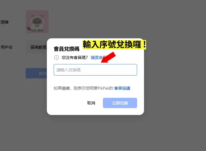 PikPak 彈出視窗填寫會員兌換碼序號