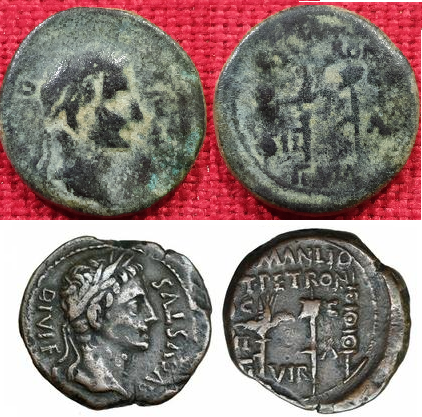 Semis de Ilici, época de Augusto. L MANLIO T PETRON – II VIR / C C IL A. Enseñas, águila y vexilo.  1