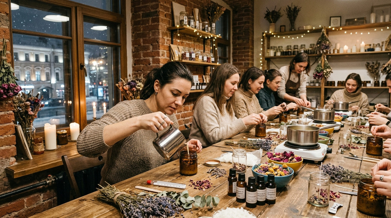 Группа женщин на мастер-классе по изготовлению свечей в уютной мастерской