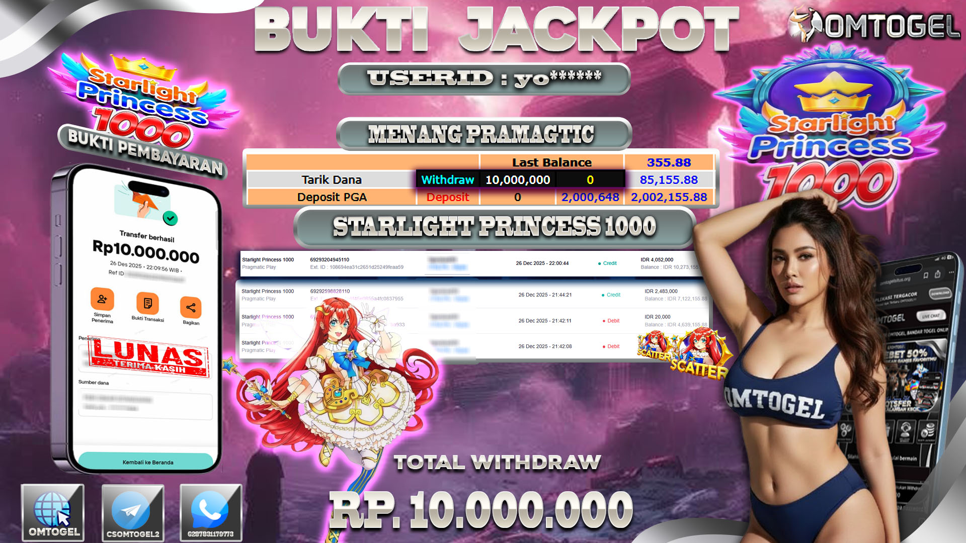 OMTOGEL JACKPOT PRAGMATIC PLAY STARLIGHT PRINCESS 1000 ,10 JUTA DI BAYAR LUNAS ,-